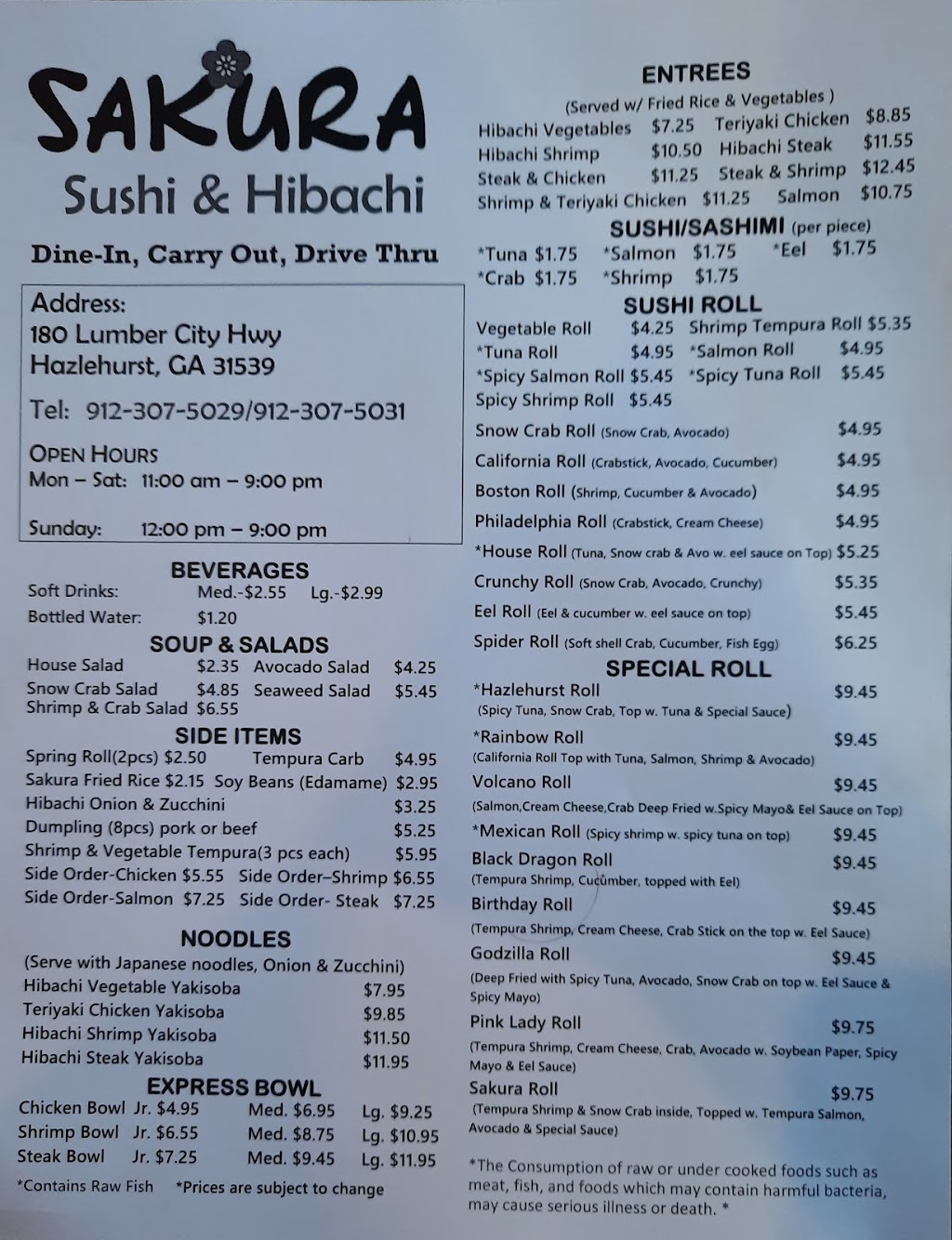 Sakura Sushi & Hibachi | restaurant | 180 Lumber City Hwy, Hazlehurst, GA 31539, USA | 9123075029 OR +1 912-307-5029