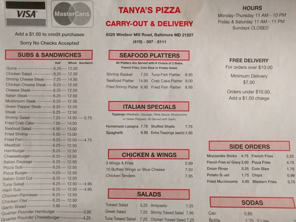 Tanya S Pizzeria Restaurant 6325 Windsor Mill Rd 1 Baltimore MD   A148b22d1d5d6bc2d8190e231fb91170  United States Maryland Baltimore County Baltimore 432376 Tanyas Pizzeriahtm 