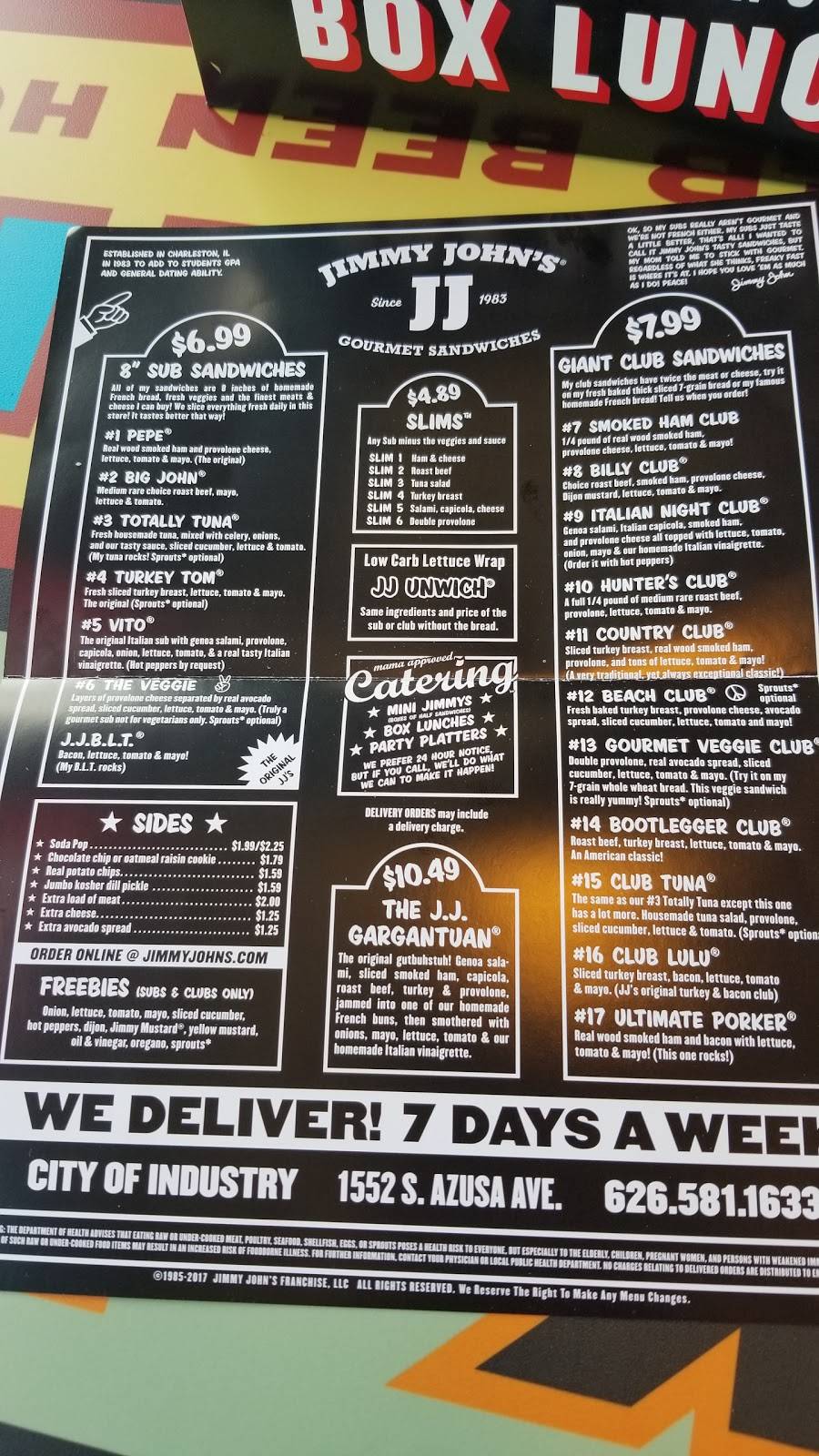 Jimmy Johns | meal delivery | 1552 S Azusa Ave Unit D, City of Industry, CA 91748, USA | 6265811633 OR +1 626-581-1633