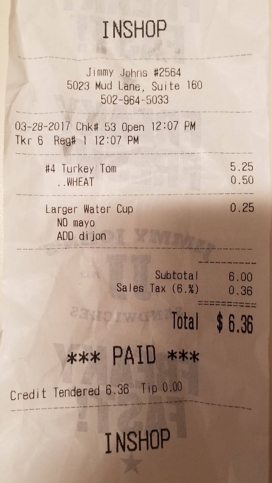 Jimmy Johns | meal delivery | 5023 Mud Ln Ste. 160, Louisville, KY 40229, USA | 5029645033 OR +1 502-964-5033
