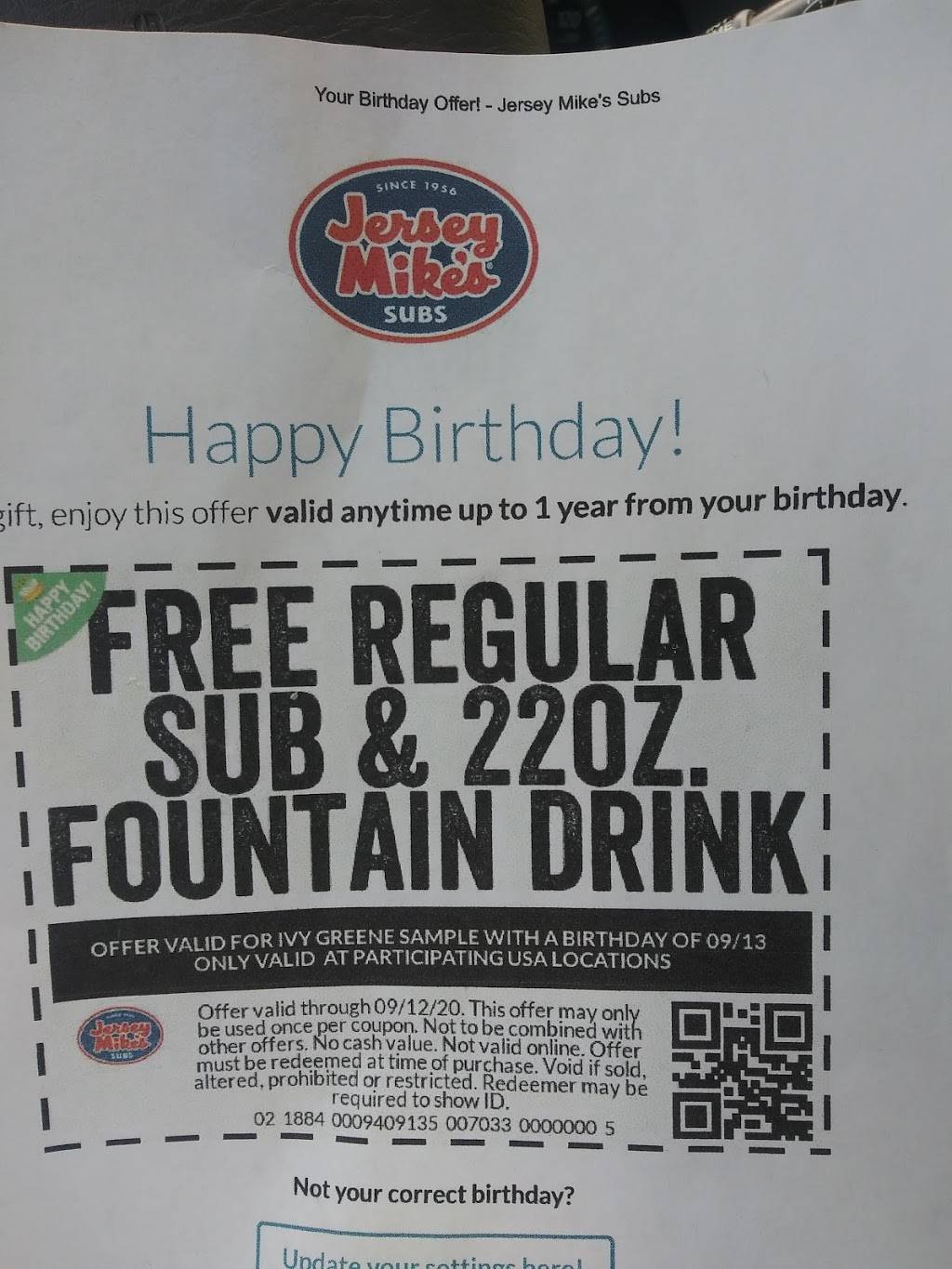 jersey mike's birthday coupon