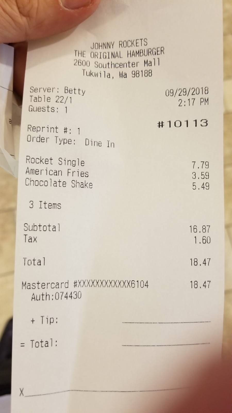 Johnny Rockets | restaurant | 633 Southcenter Mall, Tukwila, WA 98188, USA | 2062461779 OR +1 206-246-1779