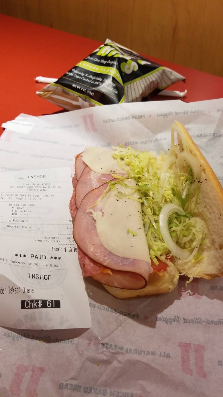 Jimmy Johns | meal delivery | 270 Cobb Pkwy Ste. 15, Marietta, GA 30060, USA | 7705753052 OR +1 770-575-3052