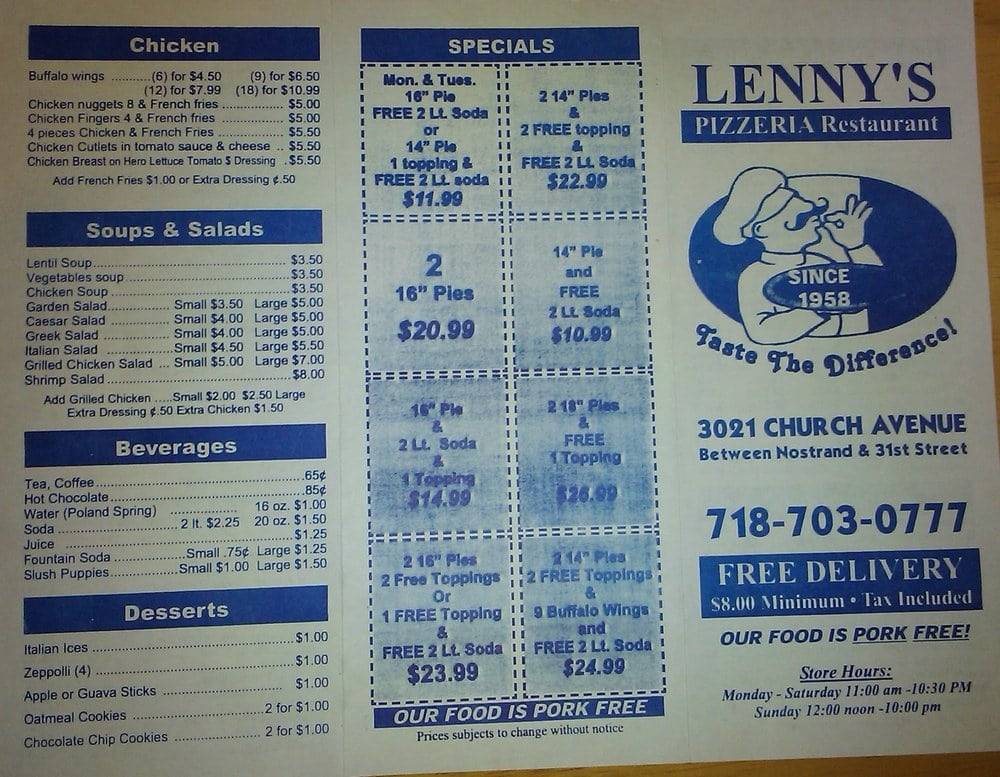 Lennys Pizza | meal delivery | 3021 Church Ave, Brooklyn, NY 11226, USA | 7187030777 OR +1 718-703-0777