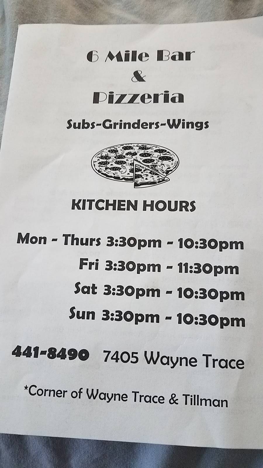 6 Mile Bar & Pizzeria | restaurant | 7404 Wayne Trace, Fort Wayne, IN 46816, USA | 2604418490 OR +1 260-441-8490