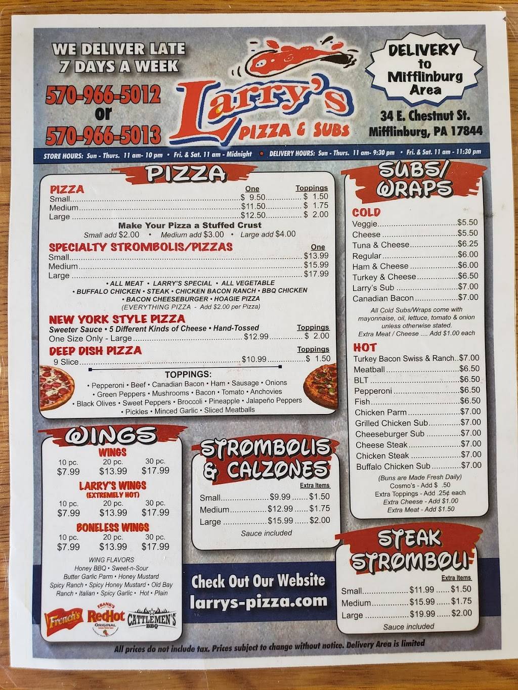 Larrys Pizza & Subs | meal takeaway | 34 Chestnut St, Mifflinburg, PA 17844, USA | 5709665012 OR +1 570-966-5012