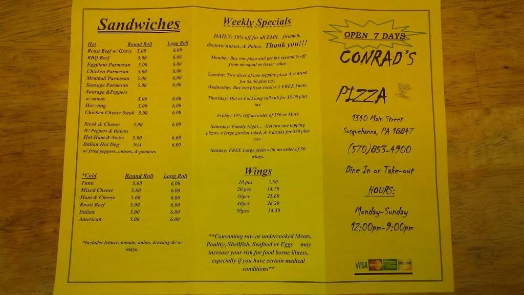 Conrads Pizza | restaurant | 1338 E Main St, Susquehanna, PA 18847, USA | 5708534900 OR +1 570-853-4900