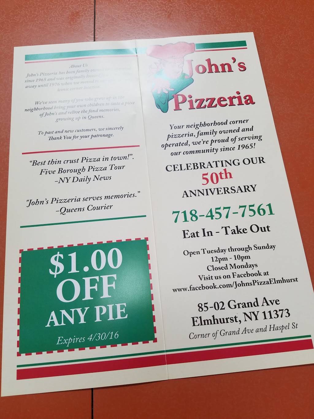 Johns Pizzeria | restaurant | 8502 Grand Ave, Elmhurst, NY 11373, USA | 7184577561 OR +1 718-457-7561