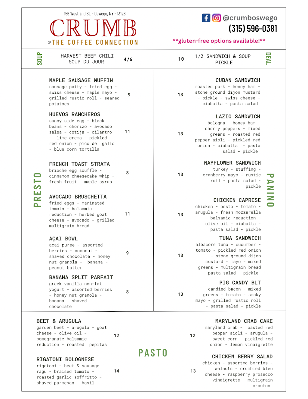 Crumb | restaurant | 156 W 2nd St, Oswego, NY 13126, USA | 3155960381 OR +1 315-596-0381