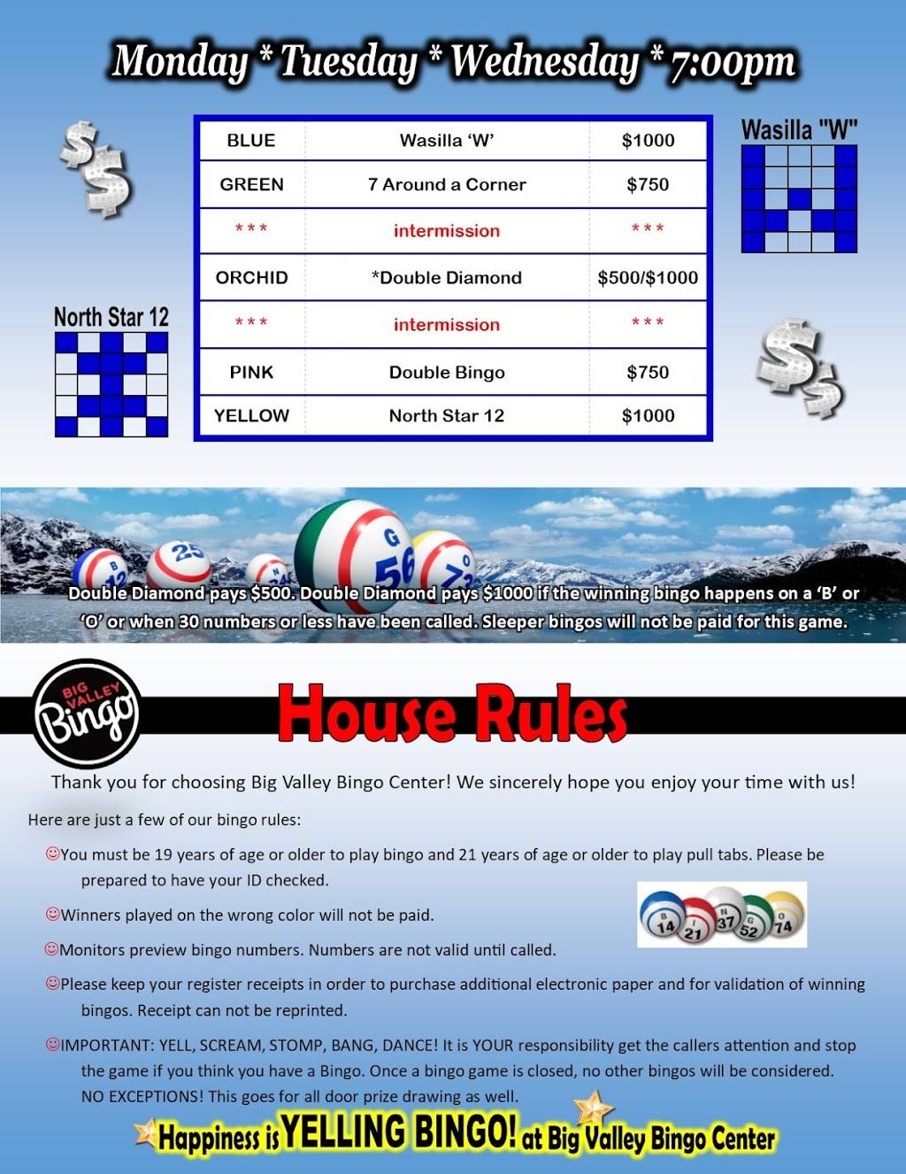 Big Valley Bingo | meal takeaway | 2431 E Old Matanuska Rd, Wasilla, AK 99654, USA | 9073737003 OR +1 907-373-7003