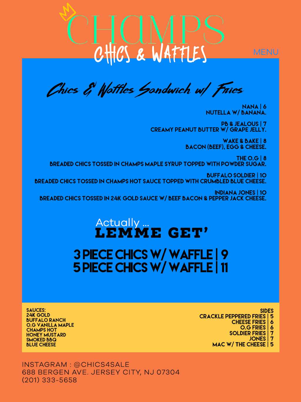 Champs Chics & Waffles | restaurant | 688 Bergen Ave, Jersey City, NJ 07304, USA | 2013335658 OR +1 201-333-5658