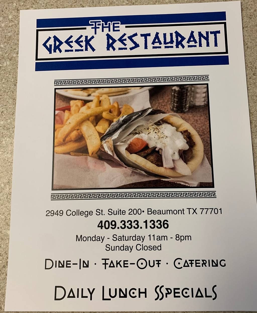 The Greek Restaurant | restaurant | 2949 College St Ste 200, Beaumont, TX 77701, USA | 4093331336 OR +1 409-333-1336