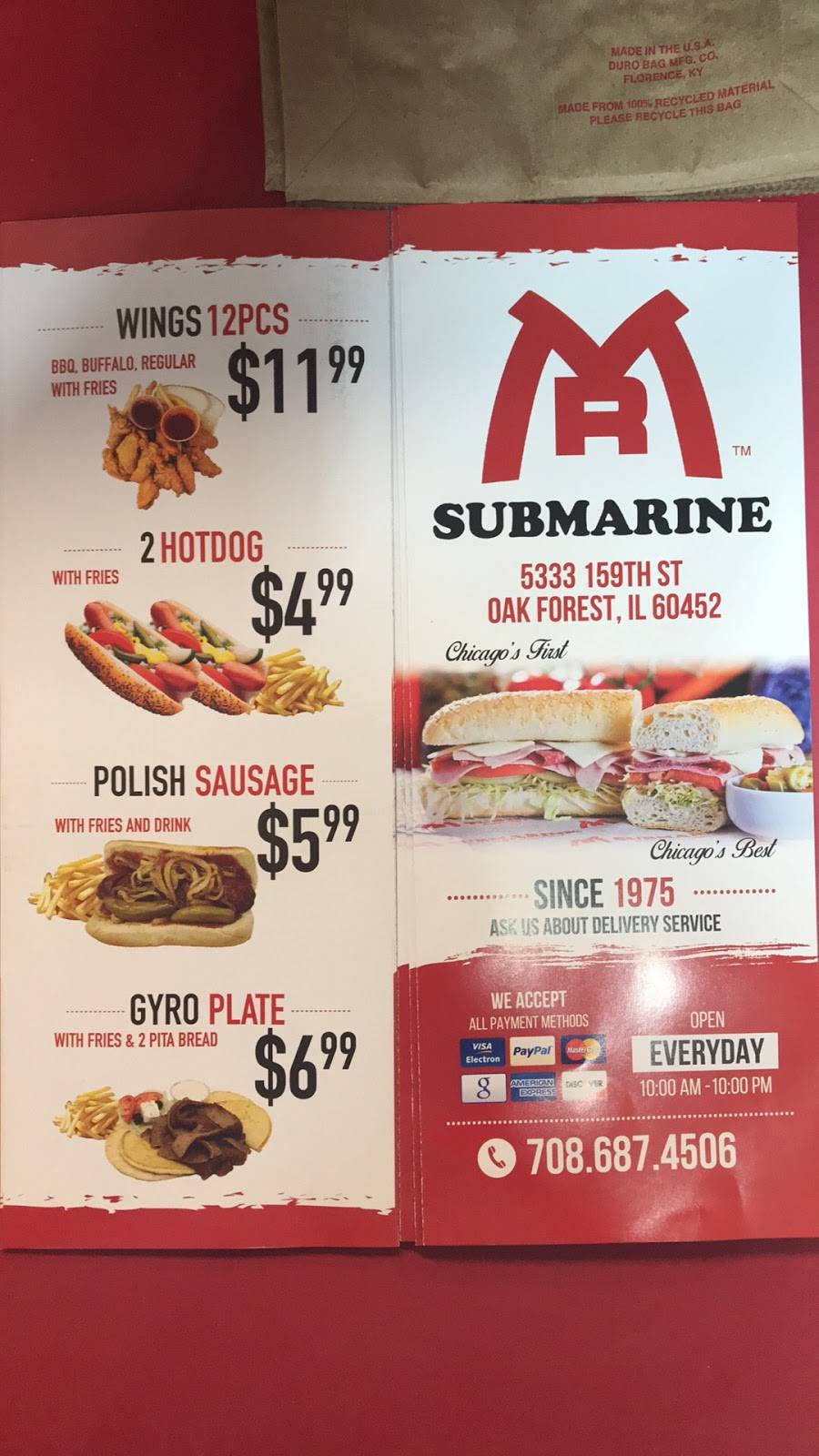 Mr. Submarine | restaurant | 5333 W 159th St, Oak Forest, IL 60452, USA | 7086874506 OR +1 708-687-4506