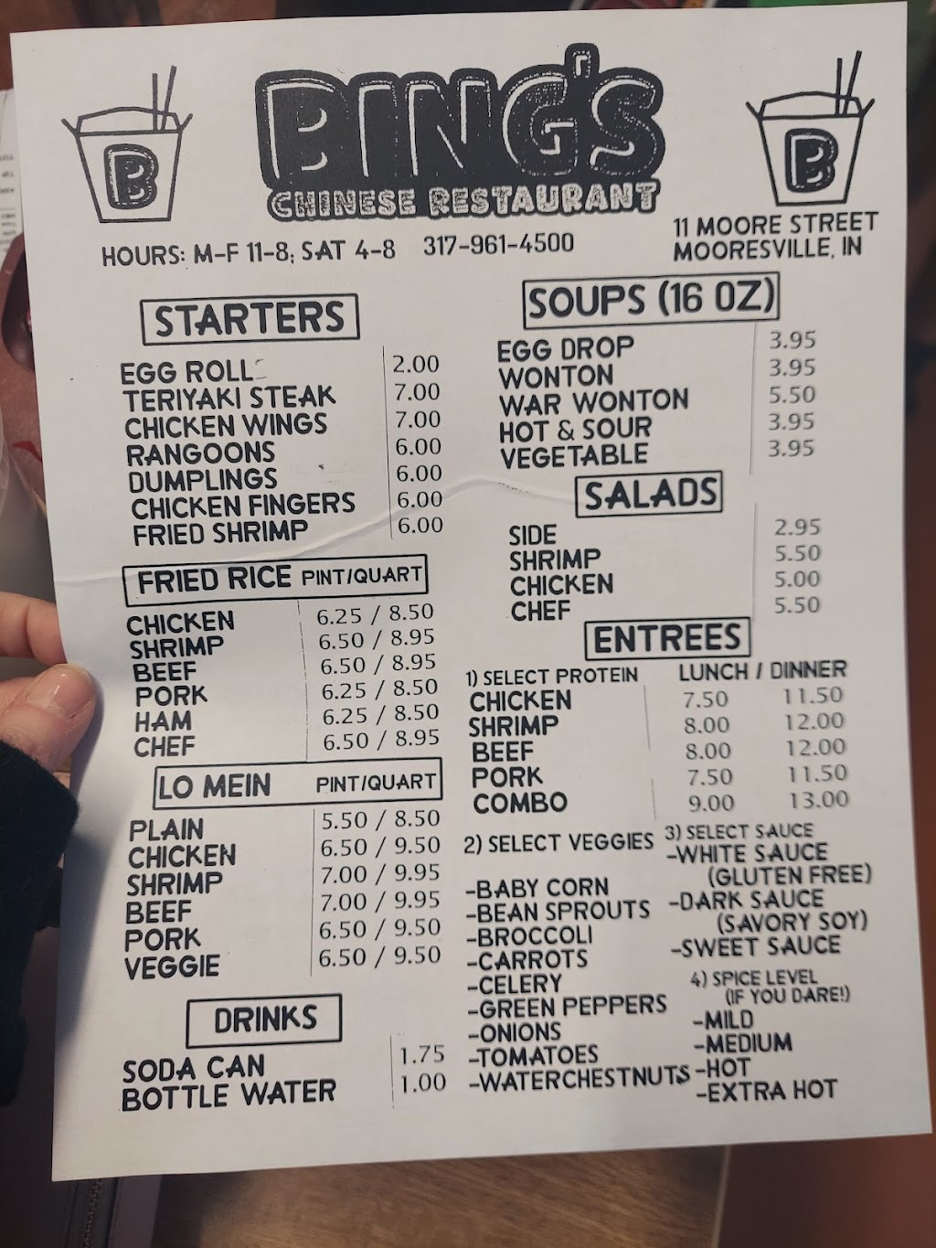 Bings Chinese Restaurant | meal takeaway | 11 Moore St, Mooresville, IN 46158, USA | 3179614500 OR +1 317-961-4500