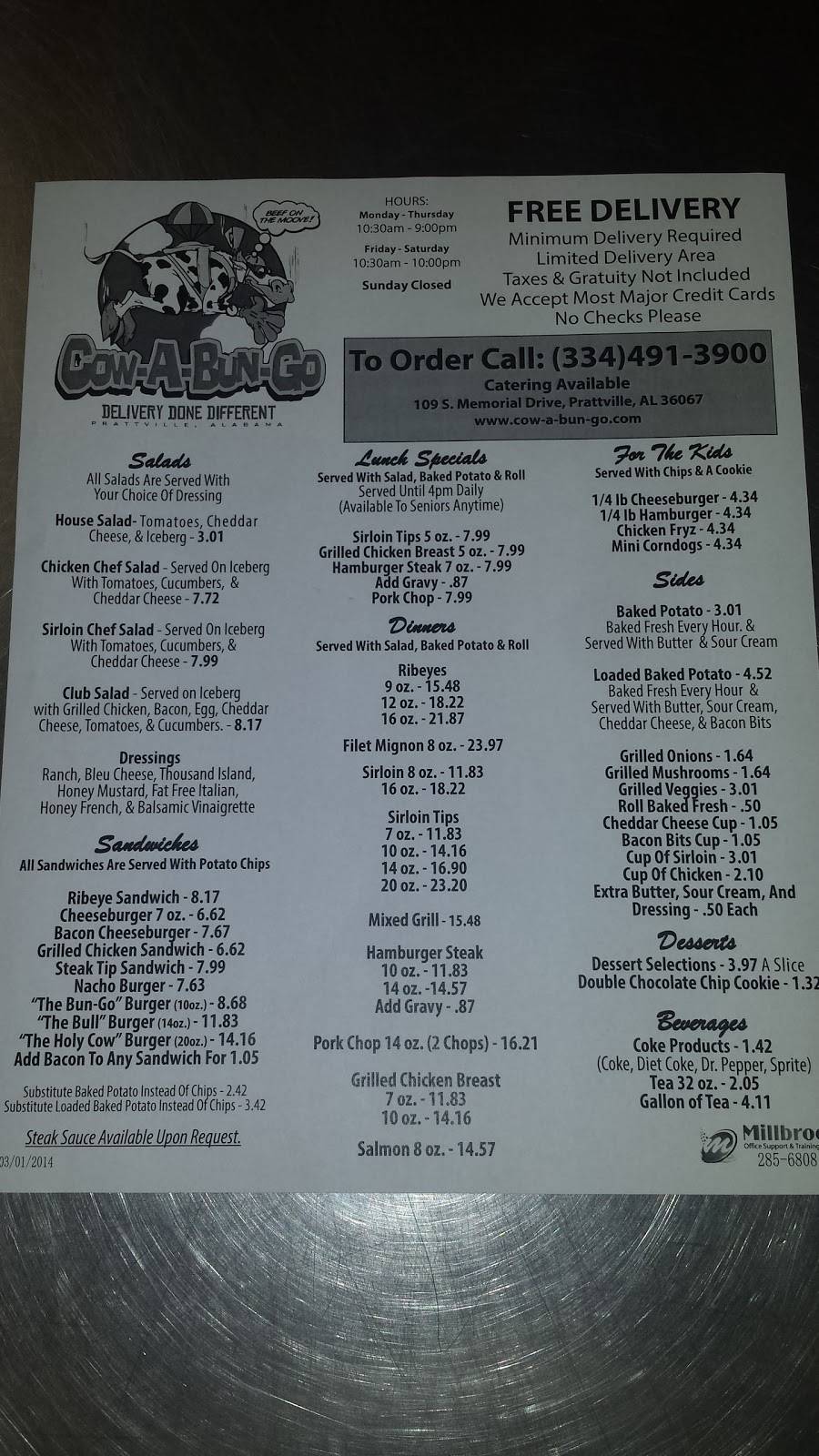 Cow-A-Bun-Go | meal delivery | 109 S Memorial Dr, Prattville, AL 36067, USA | 3344913900 OR +1 334-491-3900